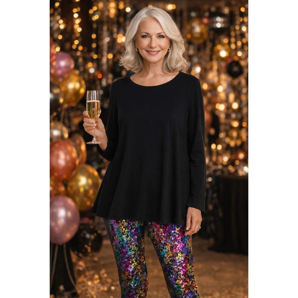 EILEEN FISHER Fine TENCEL™-Jersey Jewel-Neck Top Black Long Sleeve size XS
